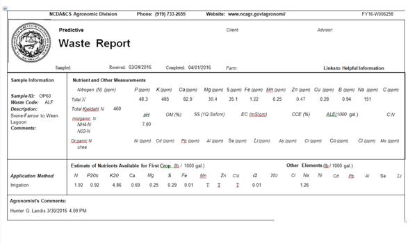 A sample waste report predicting nutrient availability