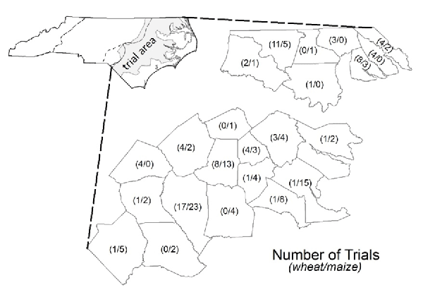 Map showing counties that participated in nitrogen trials