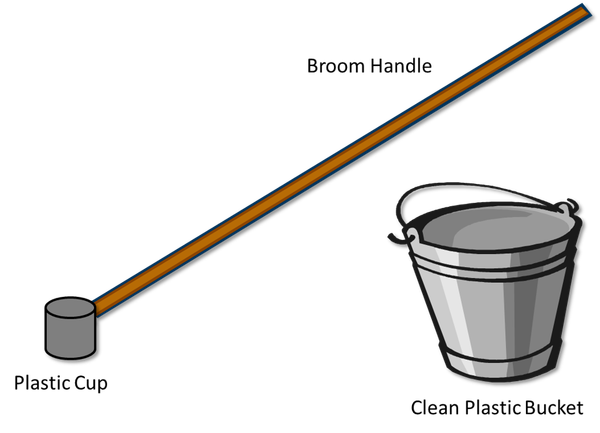 Plastic bucket and broom handle with plastic cup at end