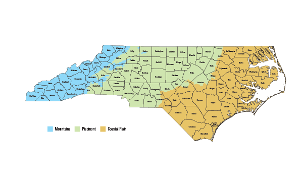 map of mountain, piedmont and coastal plain regions of NC