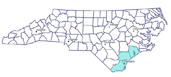 Map of North Carolina with highlighted south east coast area