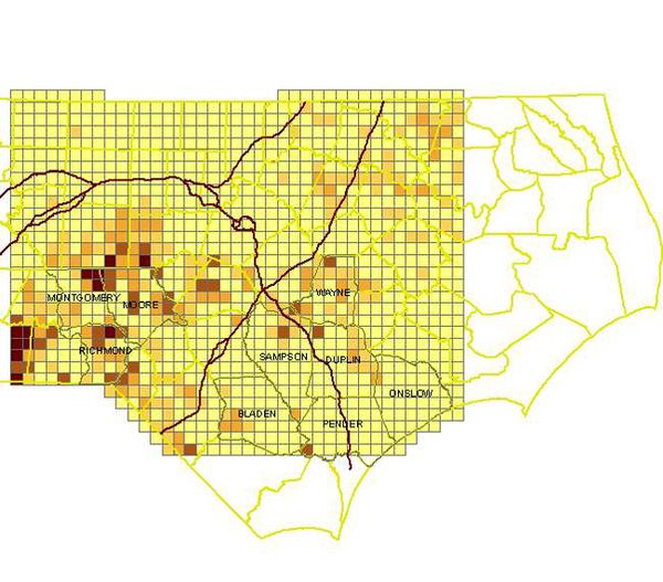 Graph of 5-mile radius chicken breeder population density