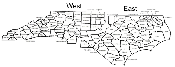 North Carolina county map divided into east and west regions