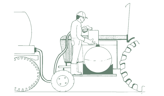 Sketch of person rinsing out a container with a pressure nozzle.