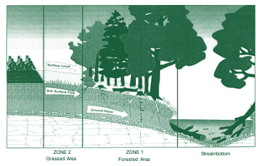 Schematic showes grassed area, forested area, streambottom, surface runoff, sub surface flow, and ground water
