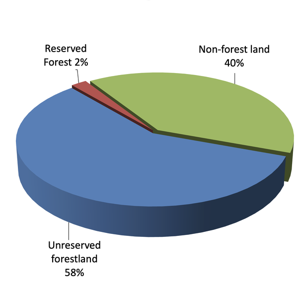 Pie chart showing percentage of unreserved forest (58%), reserved forest (2%) and non-forest (40%) land in North Carolina in 2022.