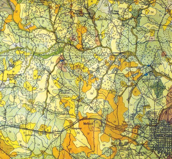 Soils map of west Raleigh, NC, including Crabtree Creek