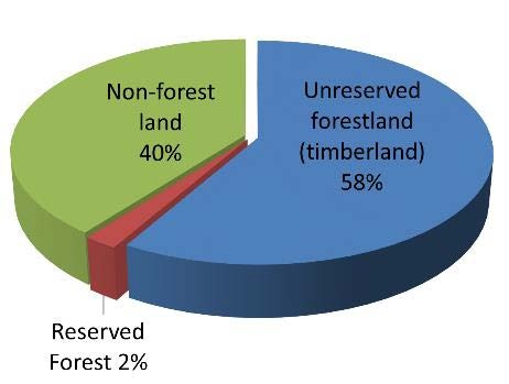 Non0forest land 40%, Unreserved forestland (timberland) 58%, Reserved forest 2%