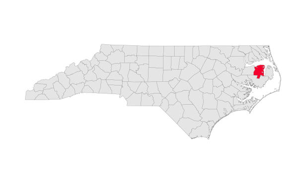 Tyrrell County, NC shown on a map of North Carolina towards the North East corner
