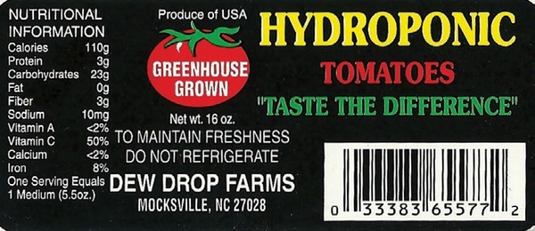 Sticker for Hydroponic Tomatoes with nutrition info, farm info and bar code