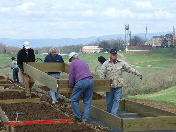 People constructing raised beds