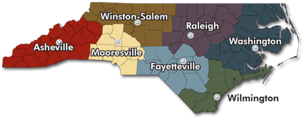 A map of seven regional operations of the NC Division of Water Quality shown in respective colors.