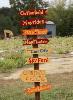 Farm signage for fall festival pointing to corn maze, hayrides and other activities