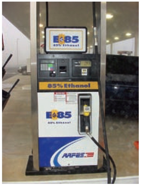 Photograph of an E-85 pump at a gas station. Courtesy of the National Ethanol Vehicle Coalition.