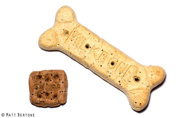 bone-shaped and square dog treats with numerous small holes