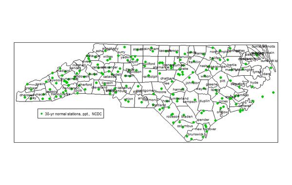 Map of NC with dots at each rainfall station location