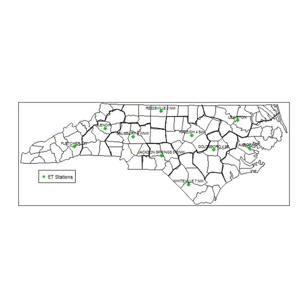 Map of NC with dots at each ET station