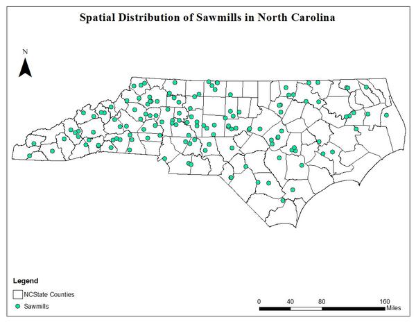 Map of spatial distribution of sawmill facilities