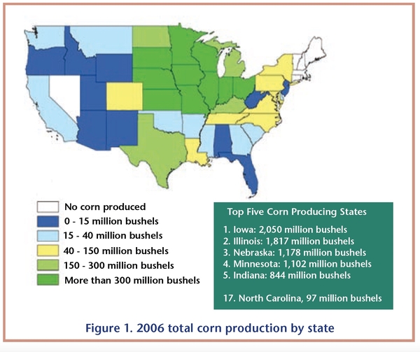 Map of the United States showing the top 5 corn producing states in 2006: Iowa, Illinois, Nebraska, Minnesota, and Indiana. NC ranked 17th in corn production in 50 states in 2006