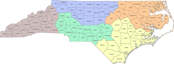 Map of NC Counties color coded by district
