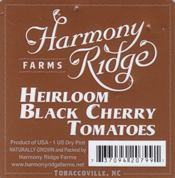 Sticker for Harmony Ridge Farms ?Heirloom Black Cherry Tomatoes with bar code