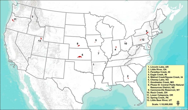 U.S. map with locations including Lincoln Lake, AR, little River, GA, Paradise Creek, ID, Eagle Creek, IN, Walnut Creek/Squaw Creek, IA, Cheney Lake, KS, and more